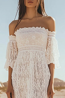 White Lace Off The Shoulder Boho Maxi Dress with Flare Sleeves
