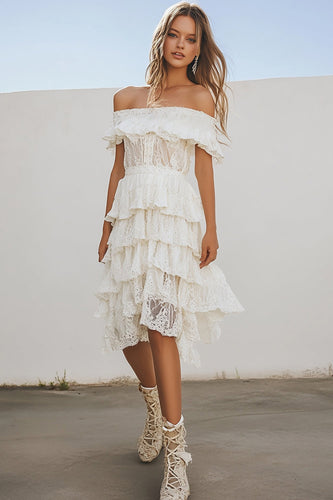 White Lace Knee-Length A Line Boho Graduation Dress with Ruffles