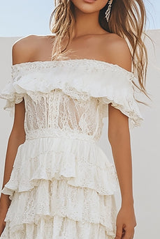White Lace Knee-Length A Line Boho Graduation Dress with Ruffles