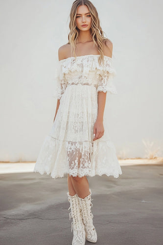 White Knee-Length A Line Boho Graduation Dress with Flare Sleeves