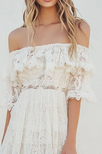 White Knee-Length A Line Boho Graduation Dress with Flare Sleeves