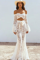 Load image into Gallery viewer, Two Piece White Lace Boho Maxi Dress with Sash