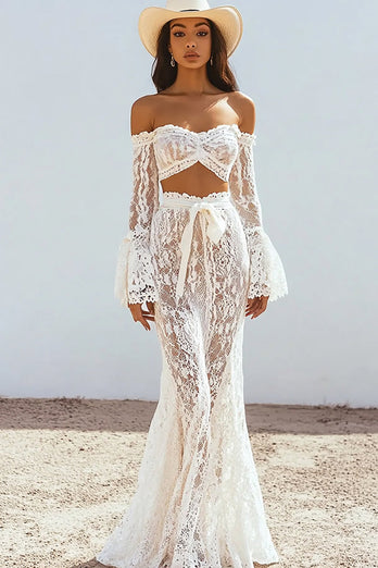 Two Piece White Lace Boho Maxi Dress with Sash