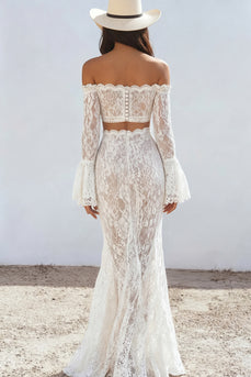 Two Piece White Lace Boho Maxi Dress with Sash
