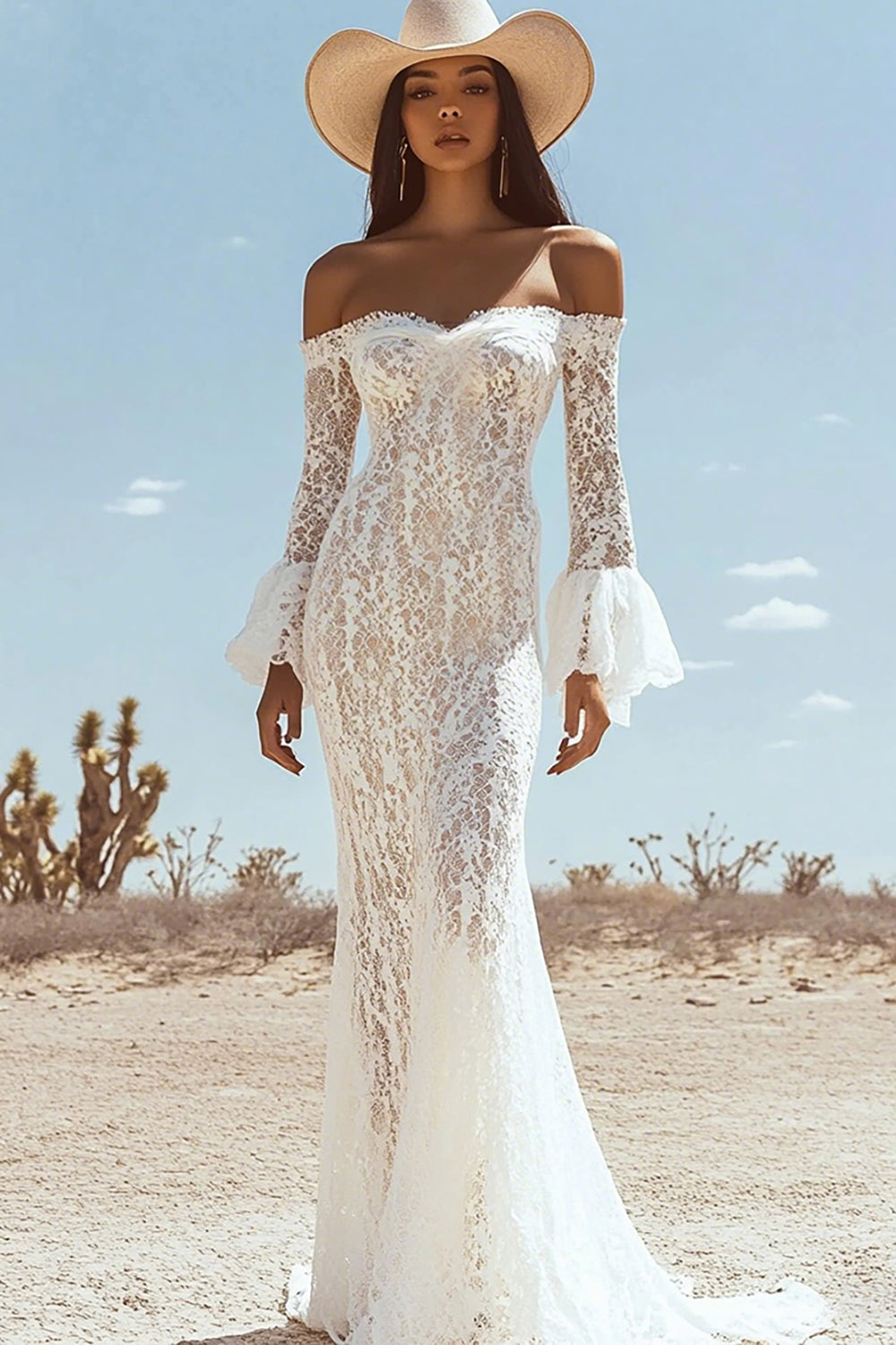 White Lace Off The Shoulder Mermaid Boho Maxi Dress