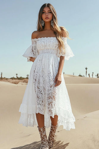 White High-Low A Line Boho Graduation Dress with Pleats