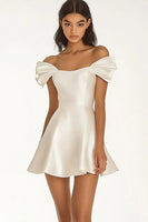 Load image into Gallery viewer, Ivory Satin Short A Line Graduation Dress with Ruffles