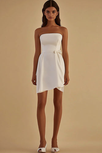 White Satin Strapless Short Graduation Dress with Bow
