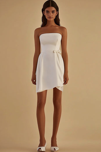 White Satin Strapless Short Graduation Dress with Bow