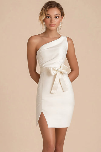 White Satin One Shoulder Short Graduation Dress with Bow