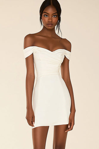 White Satin Off The Shoulder Short Bodycon Graduation Dress