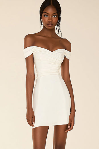 White Satin Off The Shoulder Short Bodycon Graduation Dress