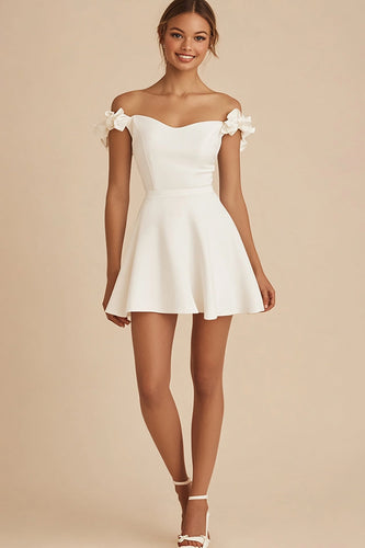 White Satin Short A Line Graduation Dress with Ruffles