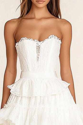 White Lace Sweetheart Short A Line Graduation Dress with Ruffles