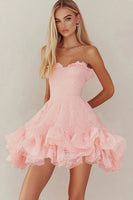 Load image into Gallery viewer, Pink Lace Short Graduation Dress with Ruffles