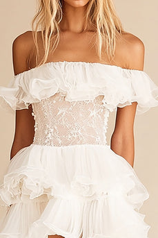 White Organza Short A Line Graduation Dress with Lace