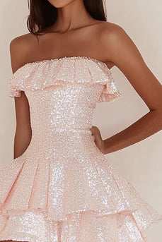 Pink Sequins Strapless Short A Line Graduation Dress
