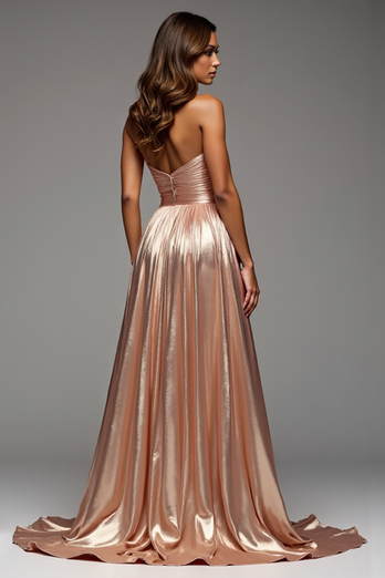 Champagne Metallic A Line Pleated Long Prom Dress with Slit