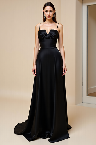 Black A Line Backless Satin Long Prom Dress
