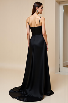 Black A Line Backless Satin Long Prom Dress