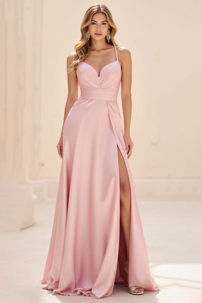 Pink A Line Spaghetti Straps Ruched Long Prom Dress with Slit