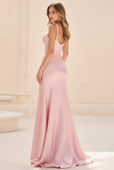 Pink A Line Spaghetti Straps Ruched Long Prom Dress with Slit