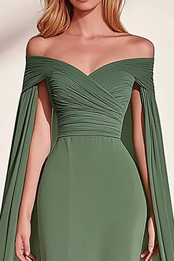 Eucalyptus Sheath Off the Shoulder Pleated Long Prom Dress with Cape