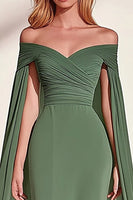 Load image into Gallery viewer, Eucalyptus Sheath Off the Shoulder Pleated Long Prom Dress with Cape