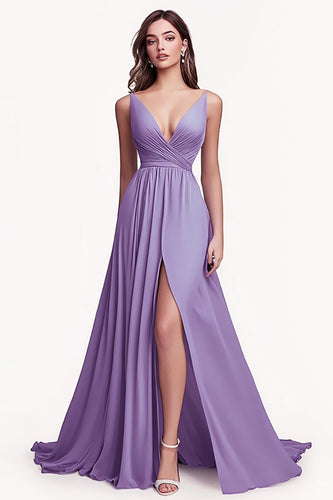 Lilac Ruched Chiffon A Line Long Prom Dress with Slit