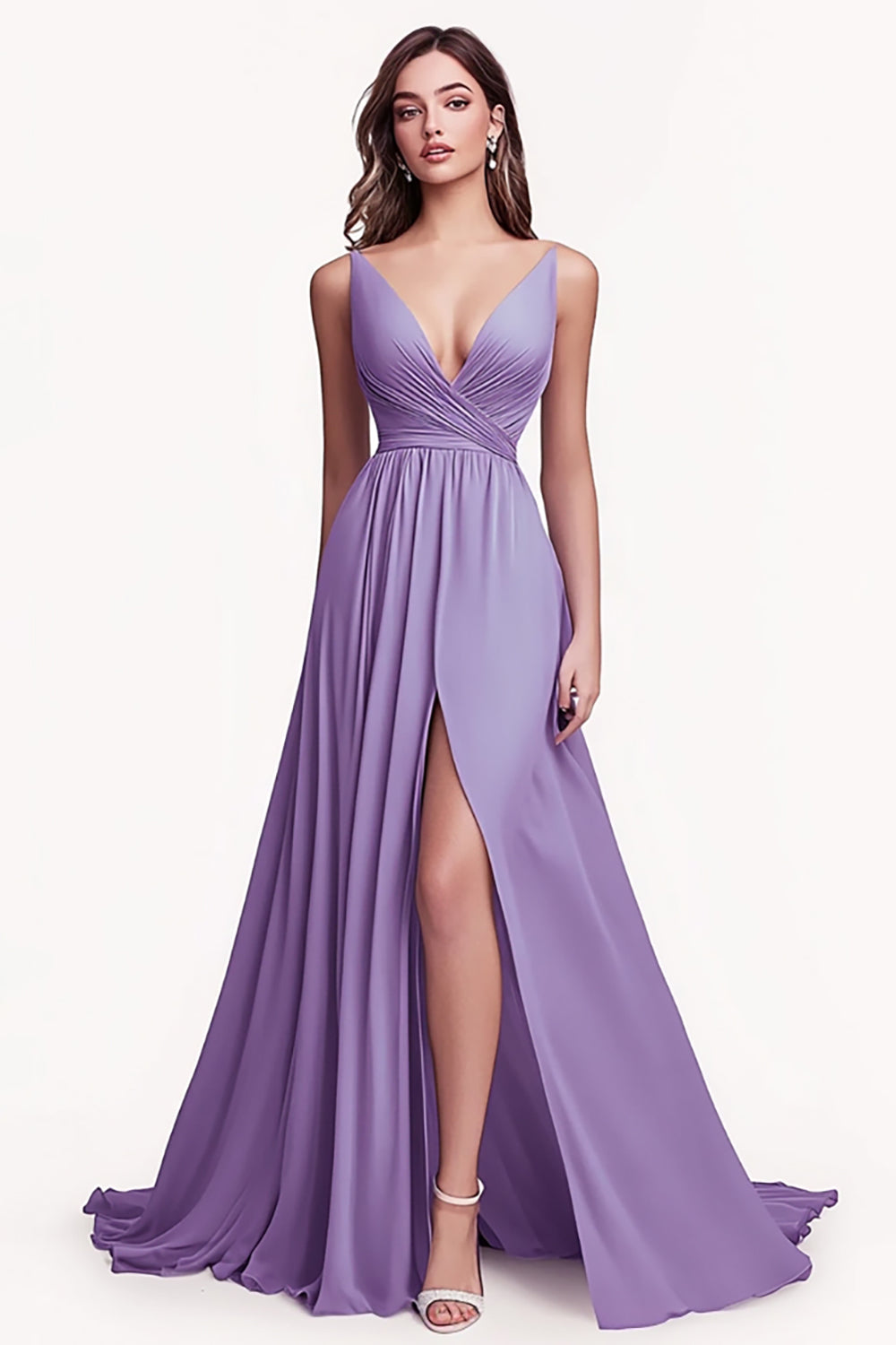 Lilac Ruched Chiffon A Line Long Prom Dress with Slit