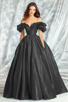 Load image into Gallery viewer, Black Off the Shoulder Ball Gown Long Prom Dress