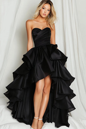Black Sweetheart Ruched Asymmetrical Long Prom Dress with Ruffles