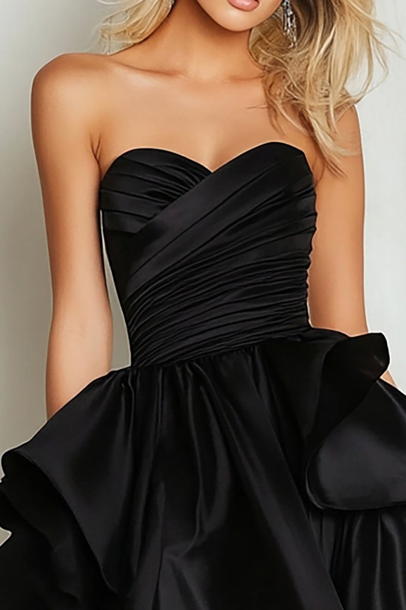 Load image into Gallery viewer, Black Sweetheart Ruched Asymmetrical Long Prom Dress with Ruffles