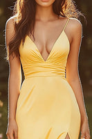 Load image into Gallery viewer, Yellow Spaghetti Straps Satin Sheath Long Prom Dress with Slit