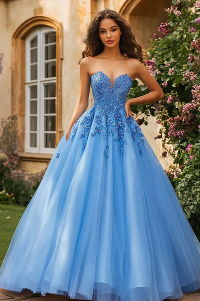 Blue Sweetheart Tulle Ball Gown Long Prom Dress with Appliques
