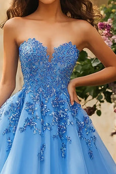 Blue Sweetheart Tulle Ball Gown Long Prom Dress with Appliques