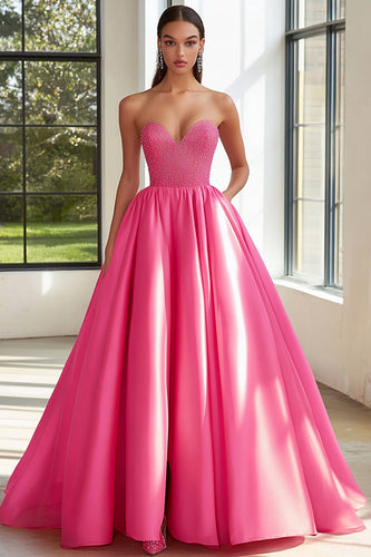 Sparkly Fuchsia Beaded Satin Ball Gown Long Prom Dress