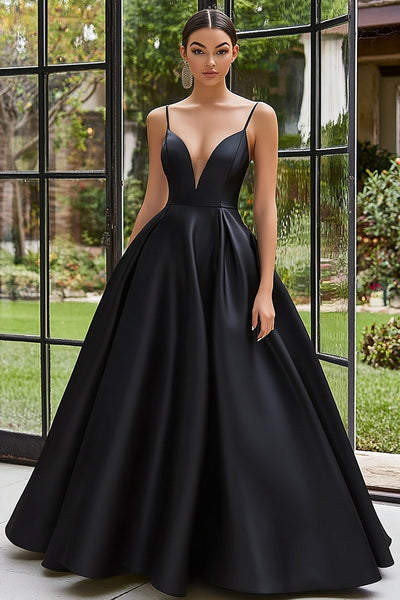 Black Satin Spaghetti Straps Ball Gown Long Prom Dress