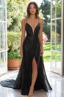 Load image into Gallery viewer, Sparkly Black Sequin Spaghetti Straps Sheath Long Prom Dress with Slit