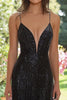 Load image into Gallery viewer, Sparkly Black Sequin Spaghetti Straps Sheath Long Prom Dress with Slit