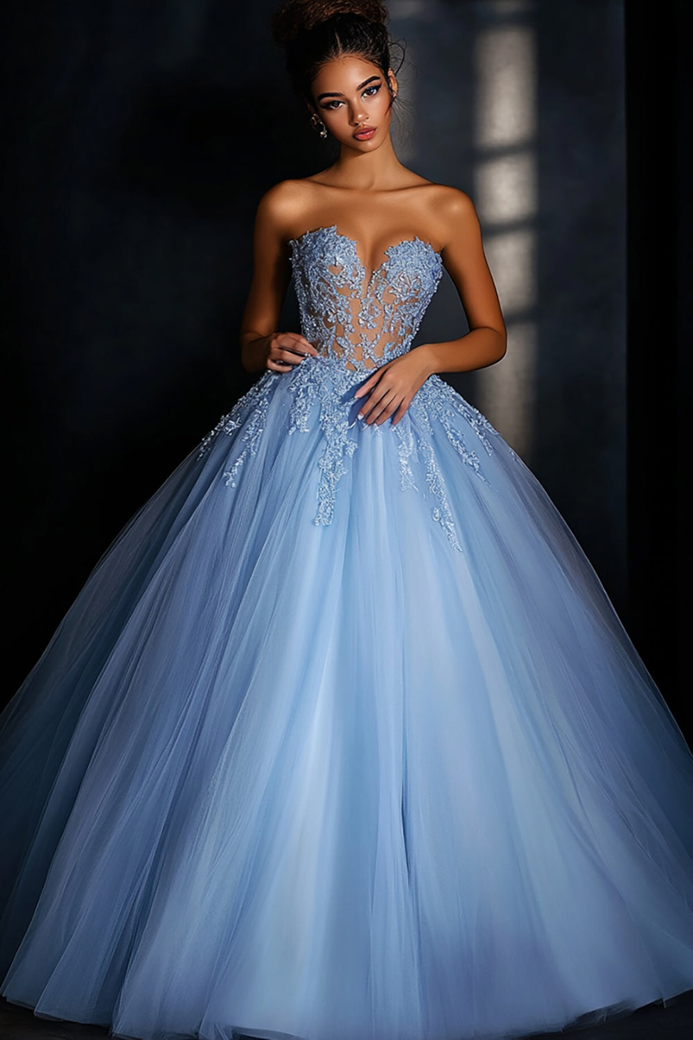Blue Sweetheart Tulle Ball Gown Long Prom Dress with Lace