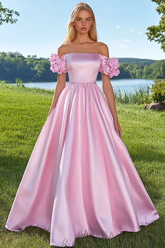 Pink Satin Off the Shoulder Ball Gown Long Prom Dress with Flowers