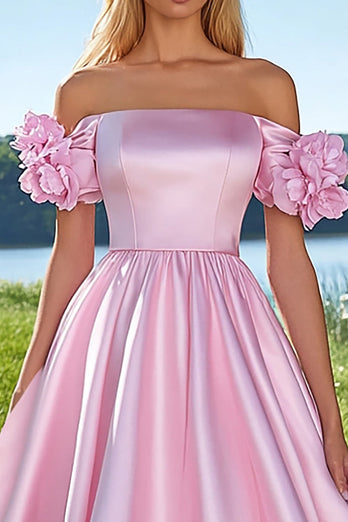 Pink Satin Off the Shoulder Ball Gown Long Prom Dress with Flowers