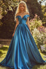 Load image into Gallery viewer, Blue Satin Off the Shoulder A Line Long Prom Dress