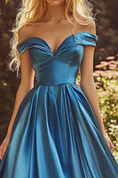 Load image into Gallery viewer, Blue Satin Off the Shoulder A Line Long Prom Dress