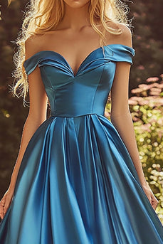 Blue Satin Off the Shoulder A Line Long Prom Dress
