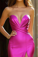 Load image into Gallery viewer, Fuchsia Satin Ruched Mermaid Long Prom Dress with Slit