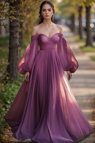 Plum Chiffon Pleated Long Sleeves Long Prom Dress