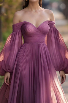 Plum Chiffon Pleated Long Sleeves Long Prom Dress