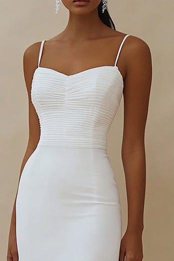 White Satin Spaghetti Straps High-Low Engagement Dress Dress with Ruffles